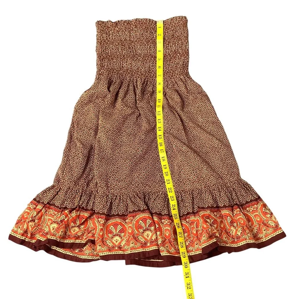 Vintage Bohemian Strapless Smocked Midi Dress With Ornate Border Print - Picture 6 of 8